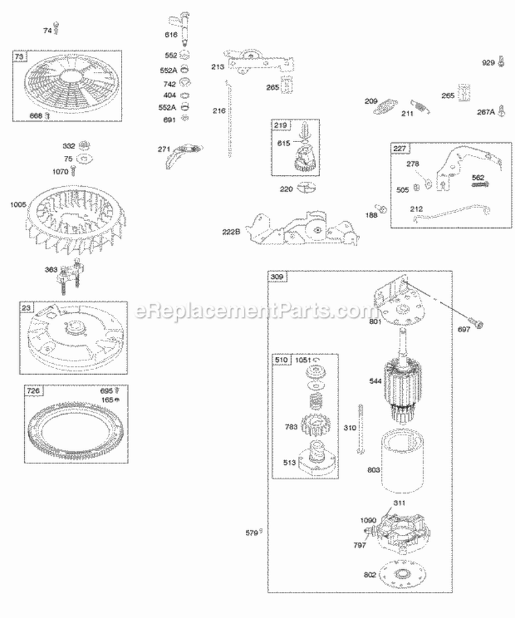 Controls Electric Starter Flywheel Diagram and Parts List for 446977-0385-E1  Briggs and Stratton Engine